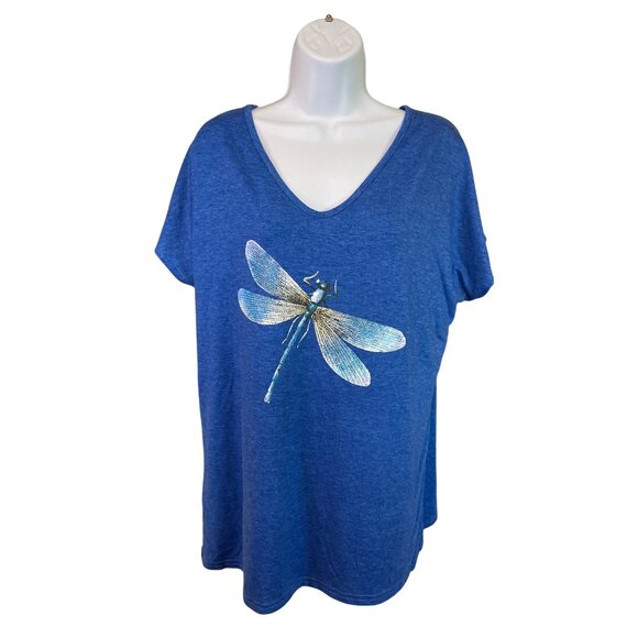 Womens Graphic T-Shirt L Blue Dragonfly V-Neck Short Sleeve Beach Y2K - Picture 1 of 7